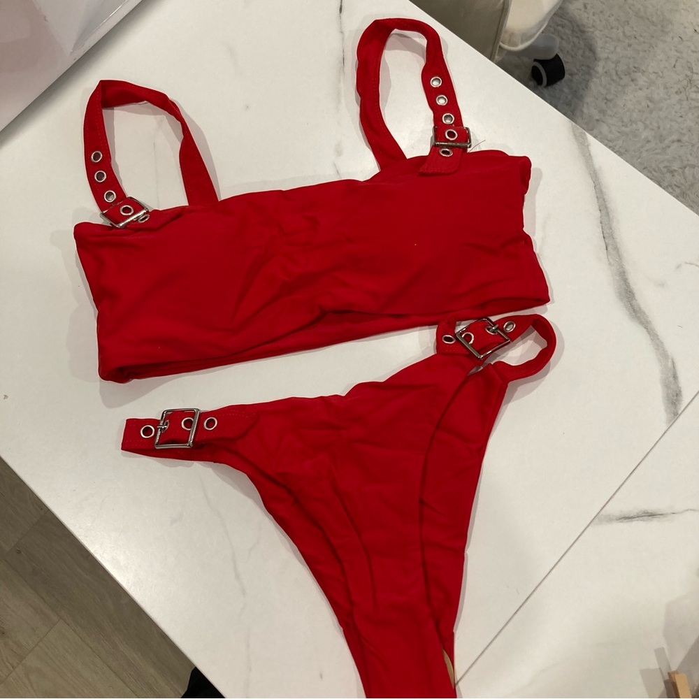 Red Bikini Set with Buckle Details